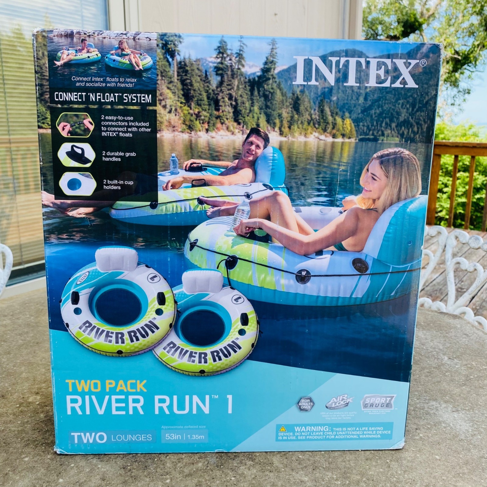 Intex Two Pack River Run 1 Inflatable Lounges With Backrest Cupholders Open Box