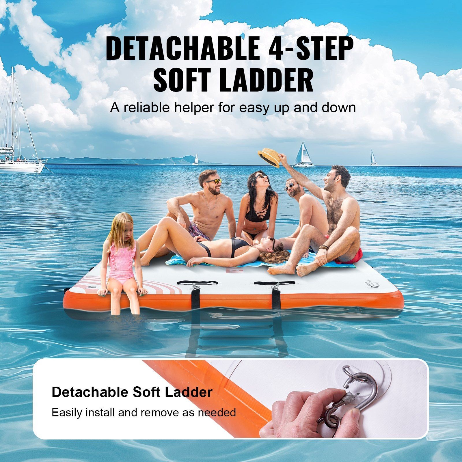Non-Slip Inflatable Dock Mat 8x5ft, Steel D-Rings, Detachable Ladder