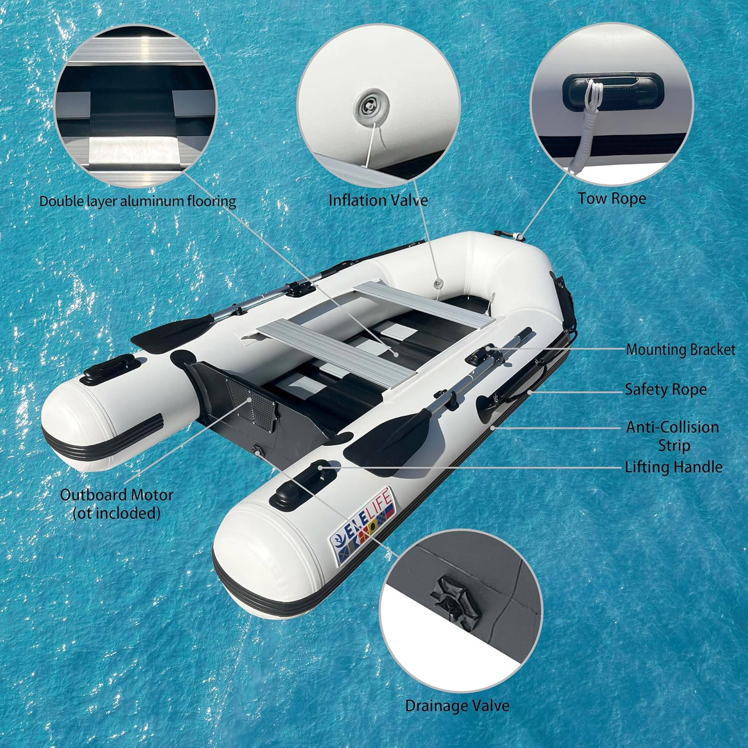 10FT Inflatable Boat,2-3Person Portable Raft,2 Aluminum Seat Board and 5 Aluminu