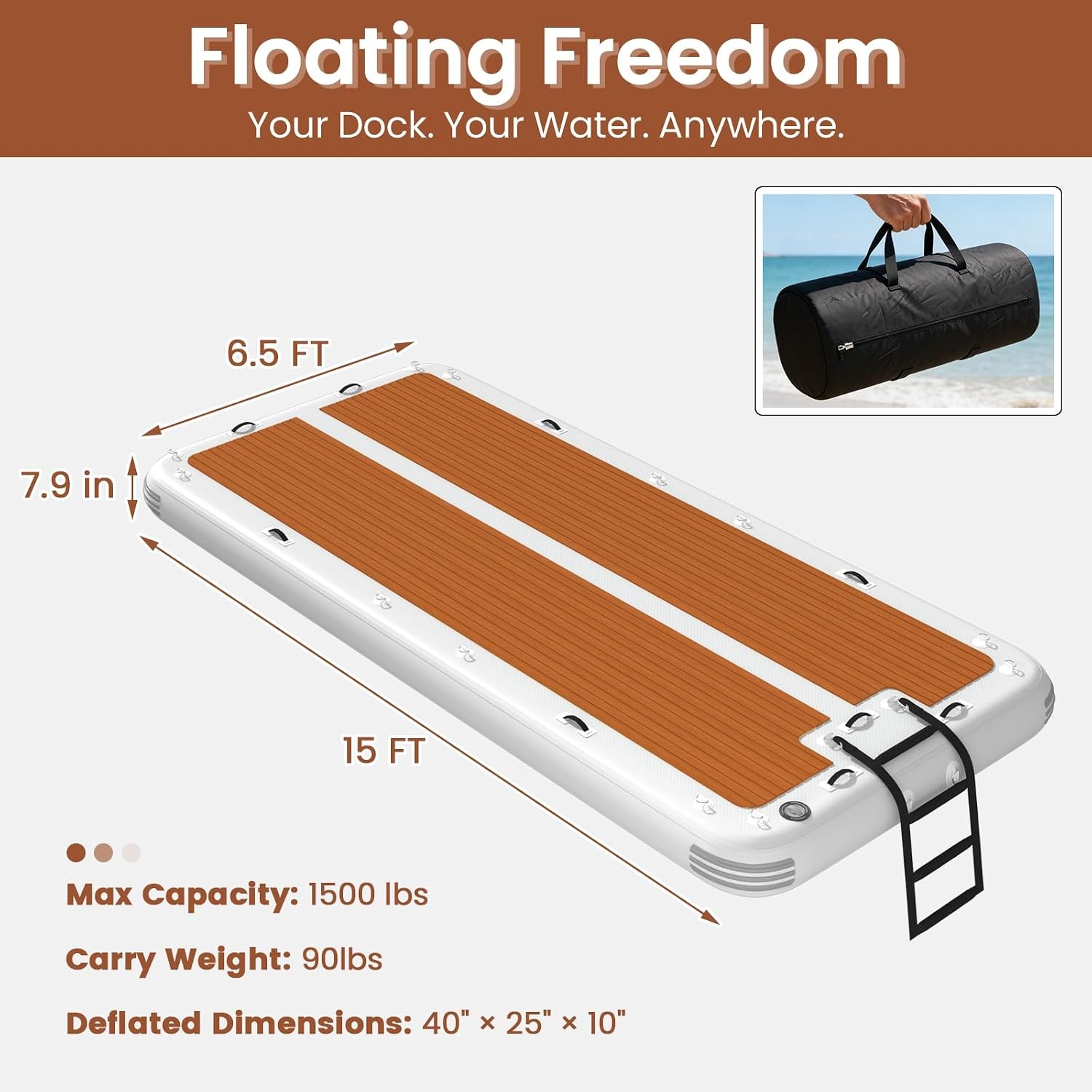 15ft x 6.5ft Inflatable Floating Dock Brown PVC EVA Non-Slip Water Platform