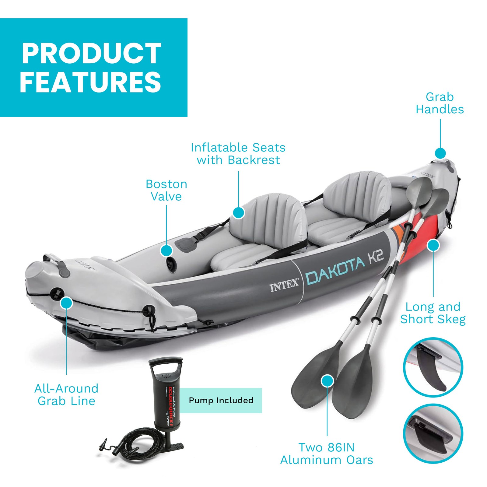 Intex Dakota K2 2 Person Vinyl Inflatable Kayak with Oars and Pump (Open Box)