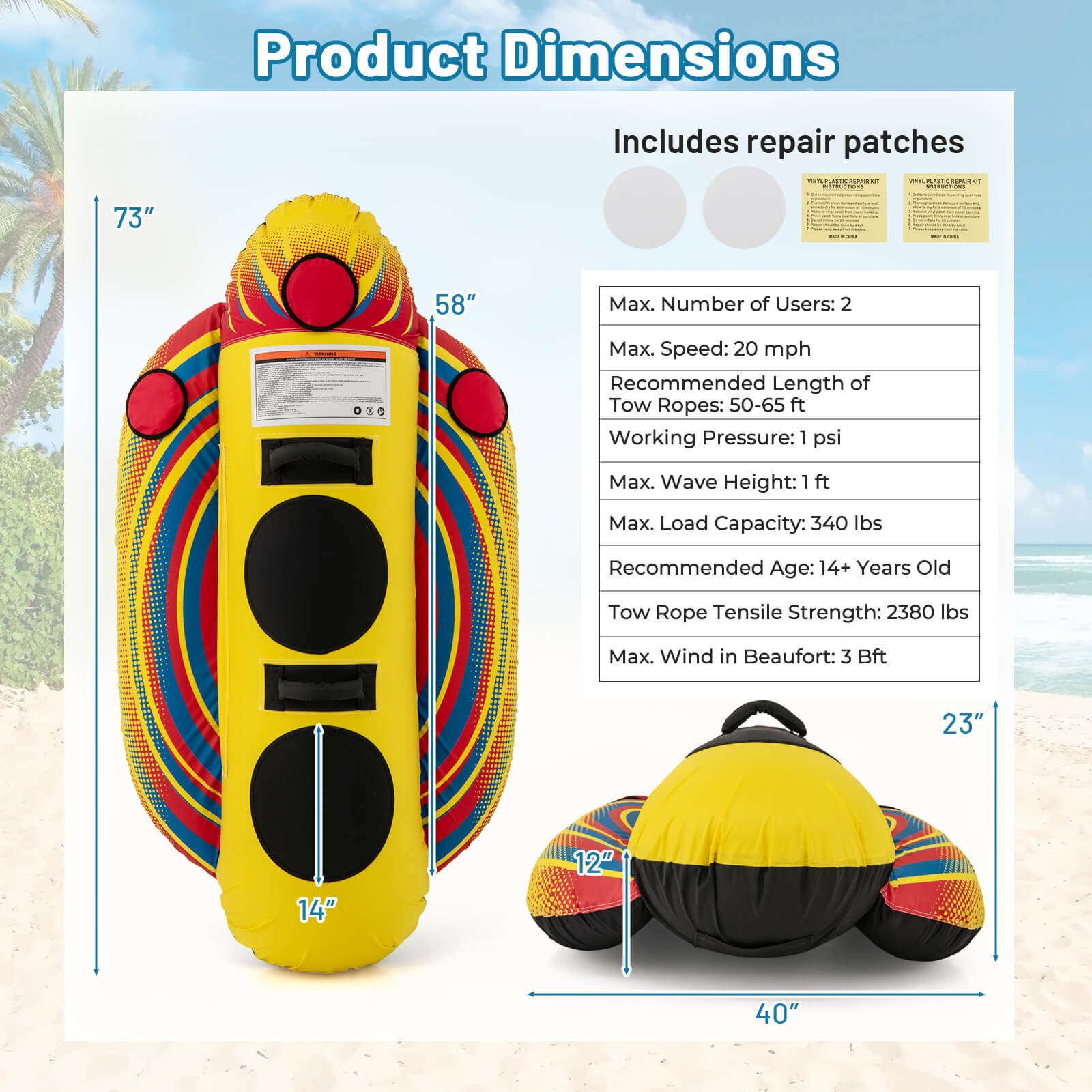 2-Person Inflatable Banana Boat w/ Boating & Water Sports 2 EVA-padded Seats