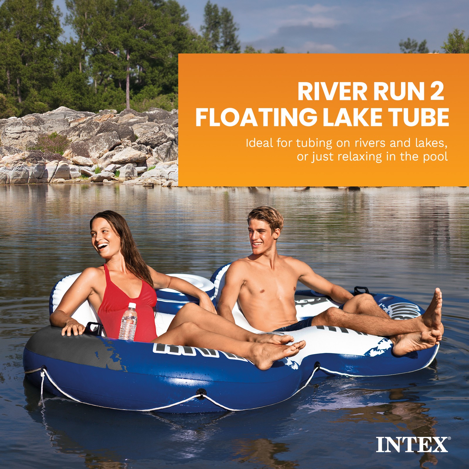 Intex River Run 2 Person Inflatable Tube Raft Float with Cooler for Pool & Lake