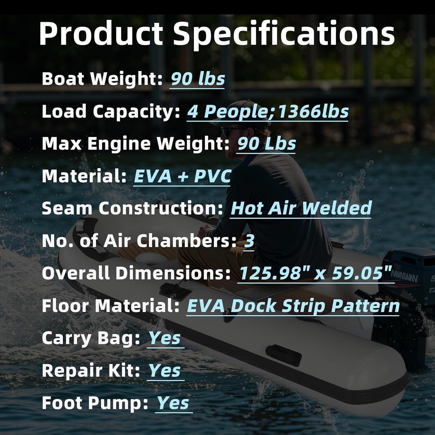 10.5ft Inflatable Dinghy Boat 1200 lb PVC EVA Floor White Fishing Raft