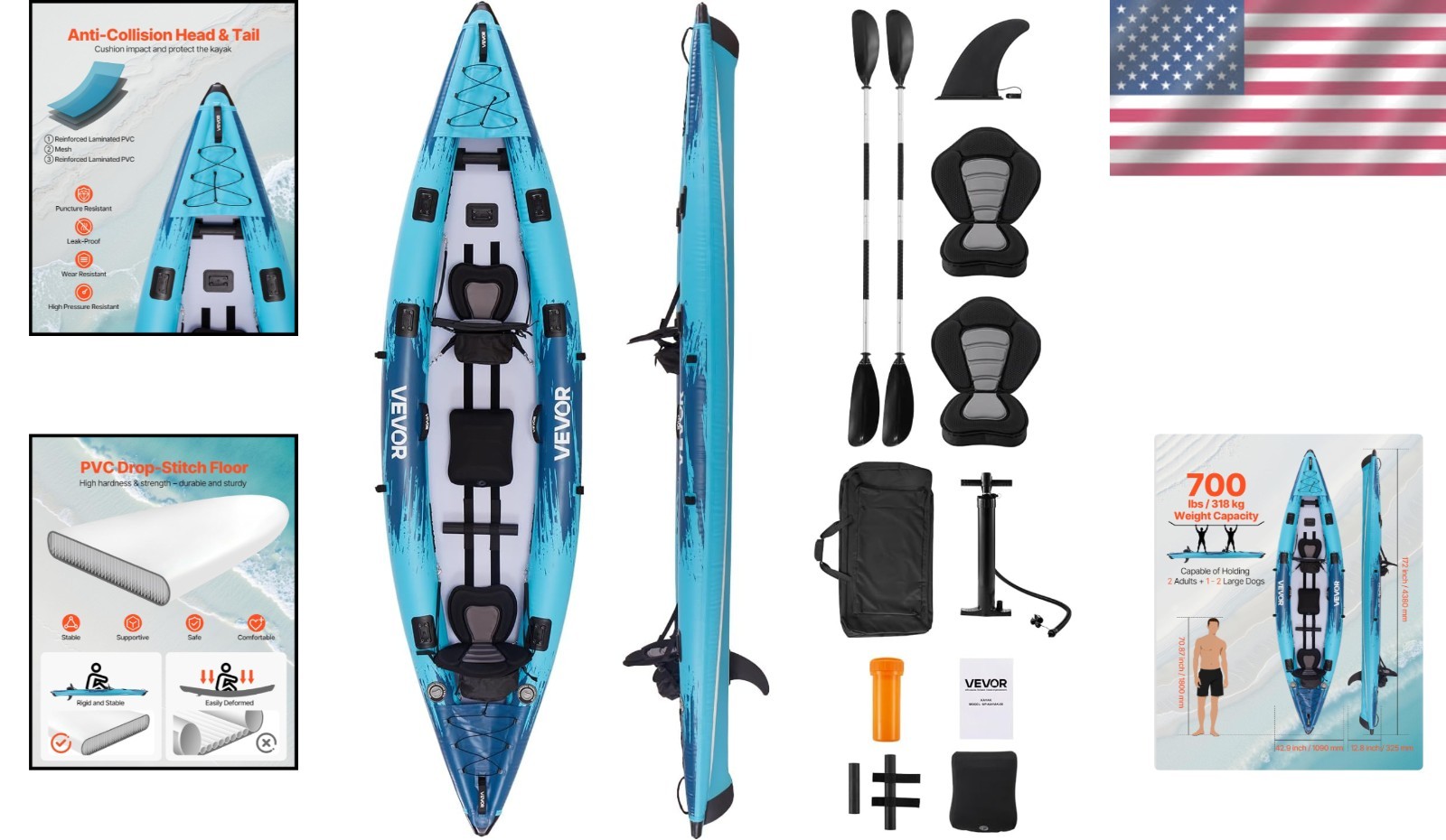 Recreational Inflatable Kayak 2 Person Lightweight with Adjustable Backrests