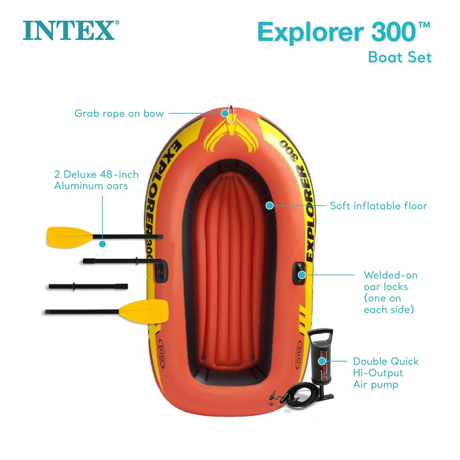 Intex Explorer 300, 3-Person Inflatable Boat Set with French Oars and High