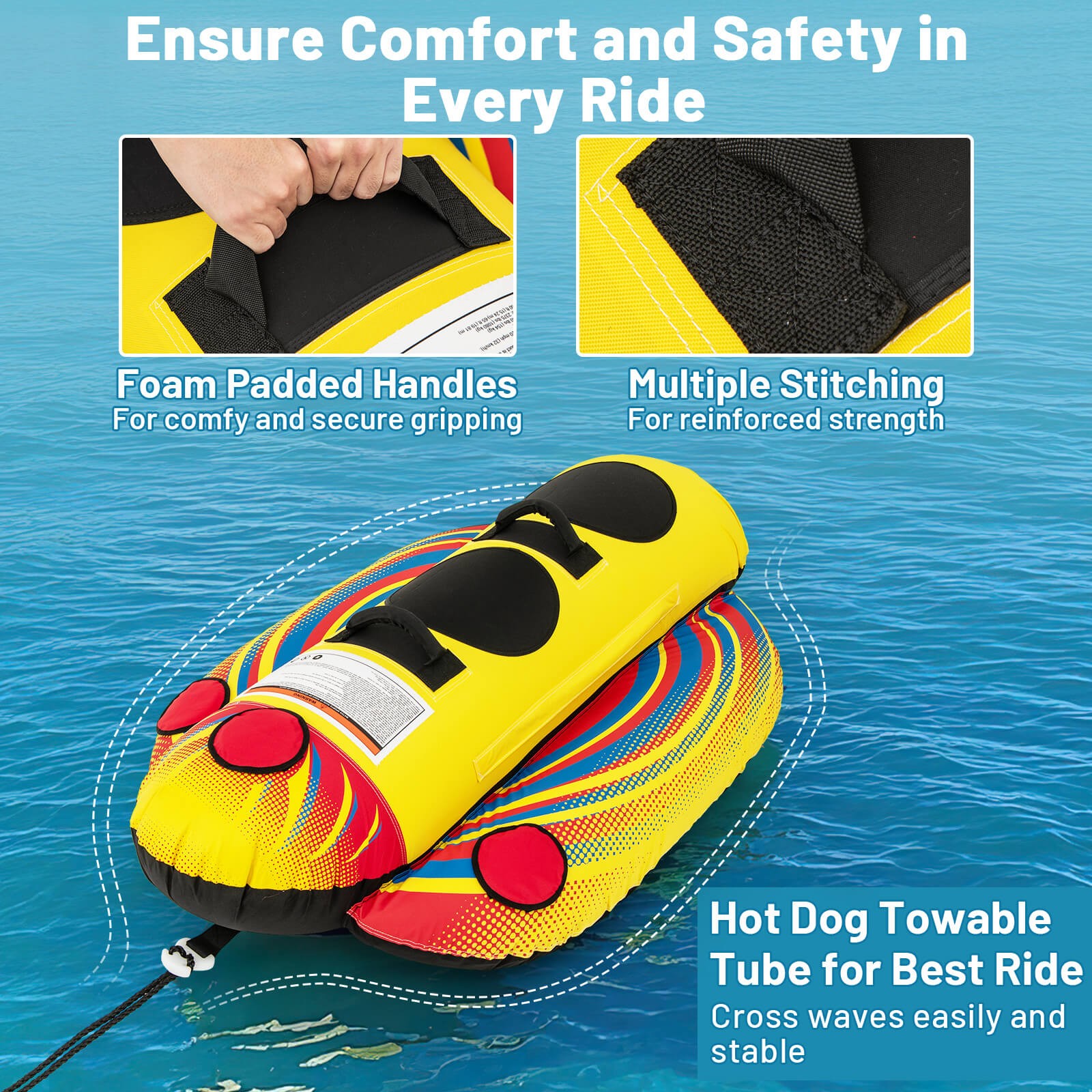 2-Person Inflatable Banana Boat w/ Boating & Water Sports 2 EVA-padded Seats