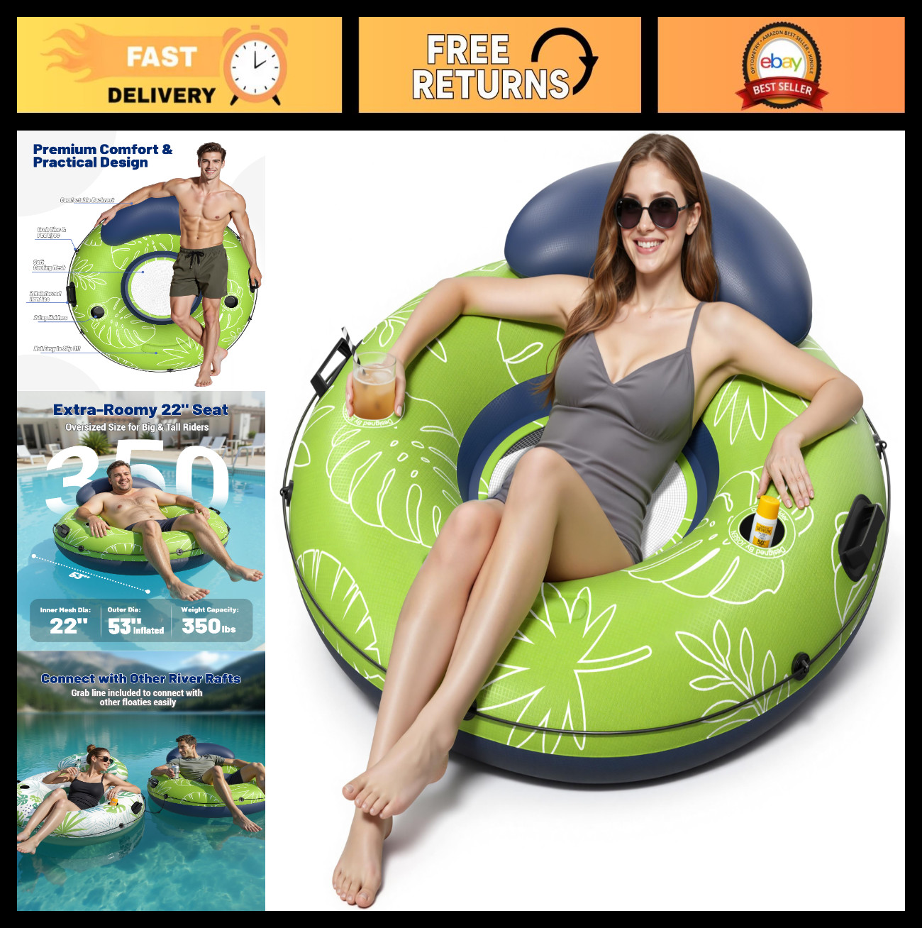 Heavy Duty River Floats for Adults 350lb Capacity, XL Inflatable Pool Tubes with
