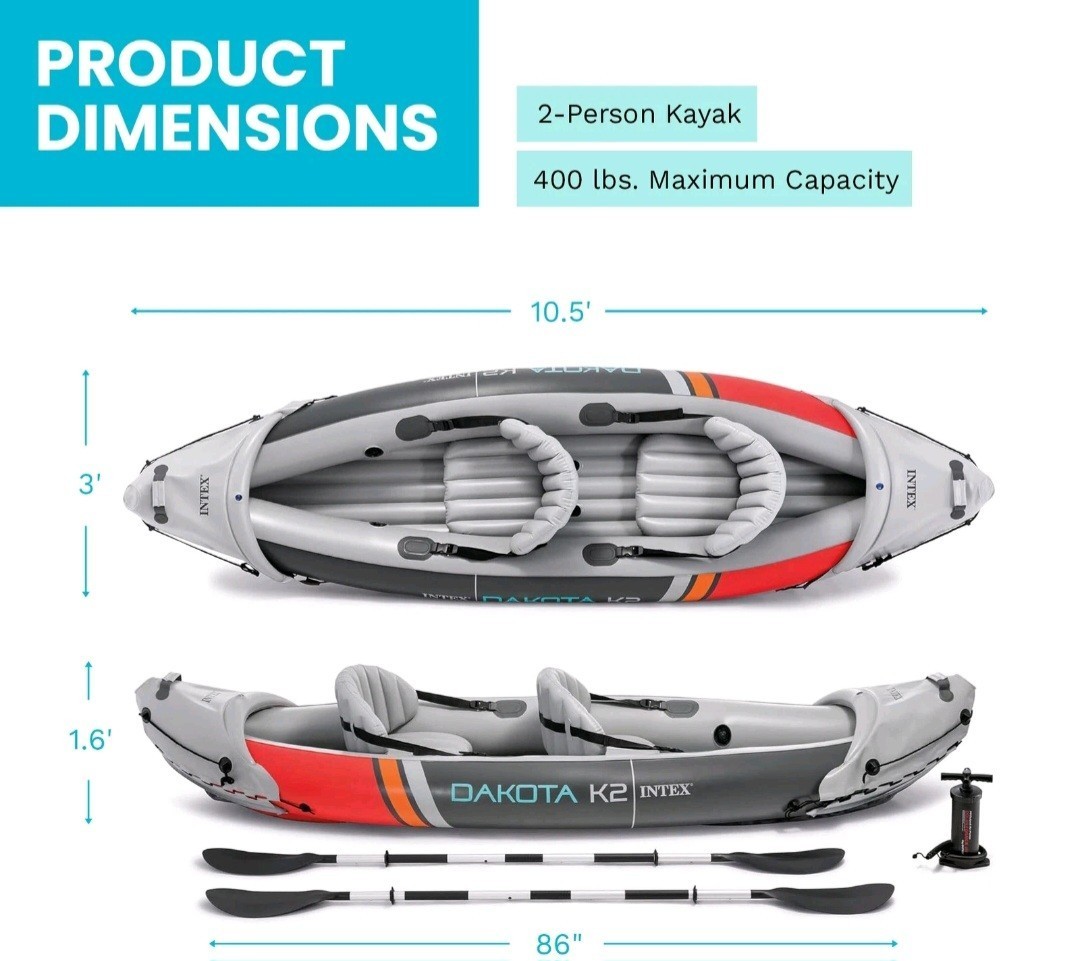 NEW in BOX Intex Dakota K2 2 Person Vinyl Inflatable Kayak with Oars, Pump, Bag