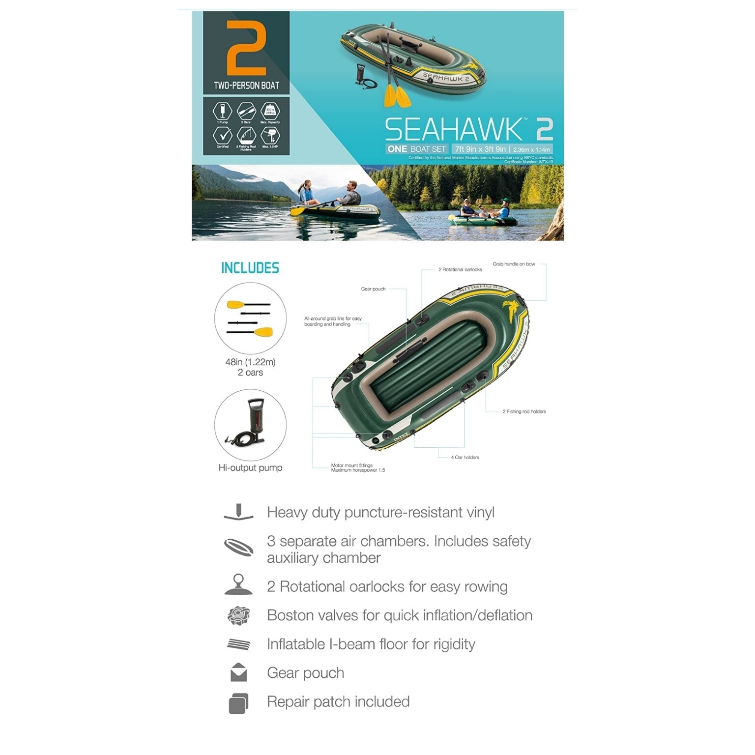 Intex Seahawk 2 Two-Person Inflatable Boat, 93 In. X 45 In. X 16 In.