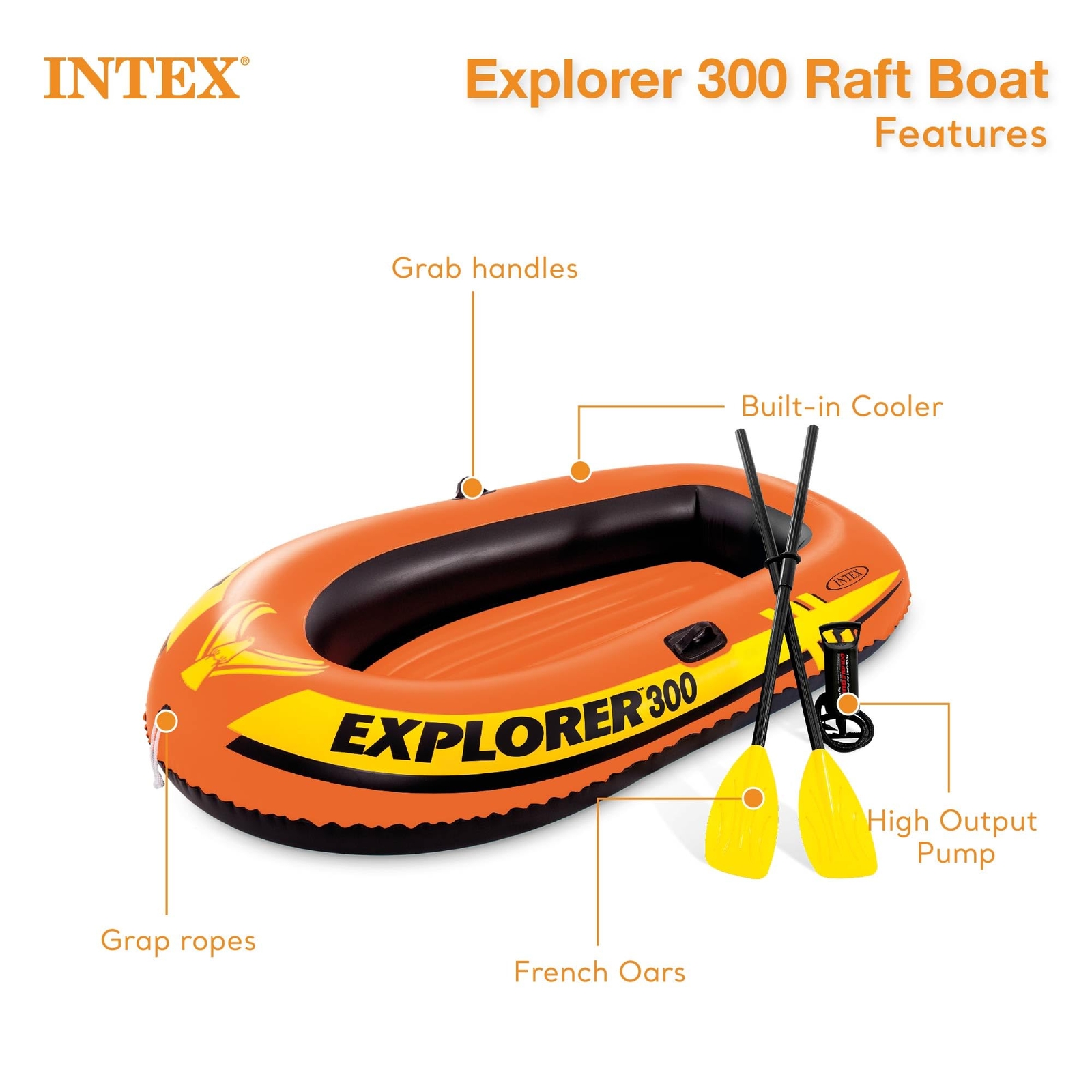 Intex Explorer 300 3 Person Yellow Inflatable Boat with Deluxe Oars and Patch