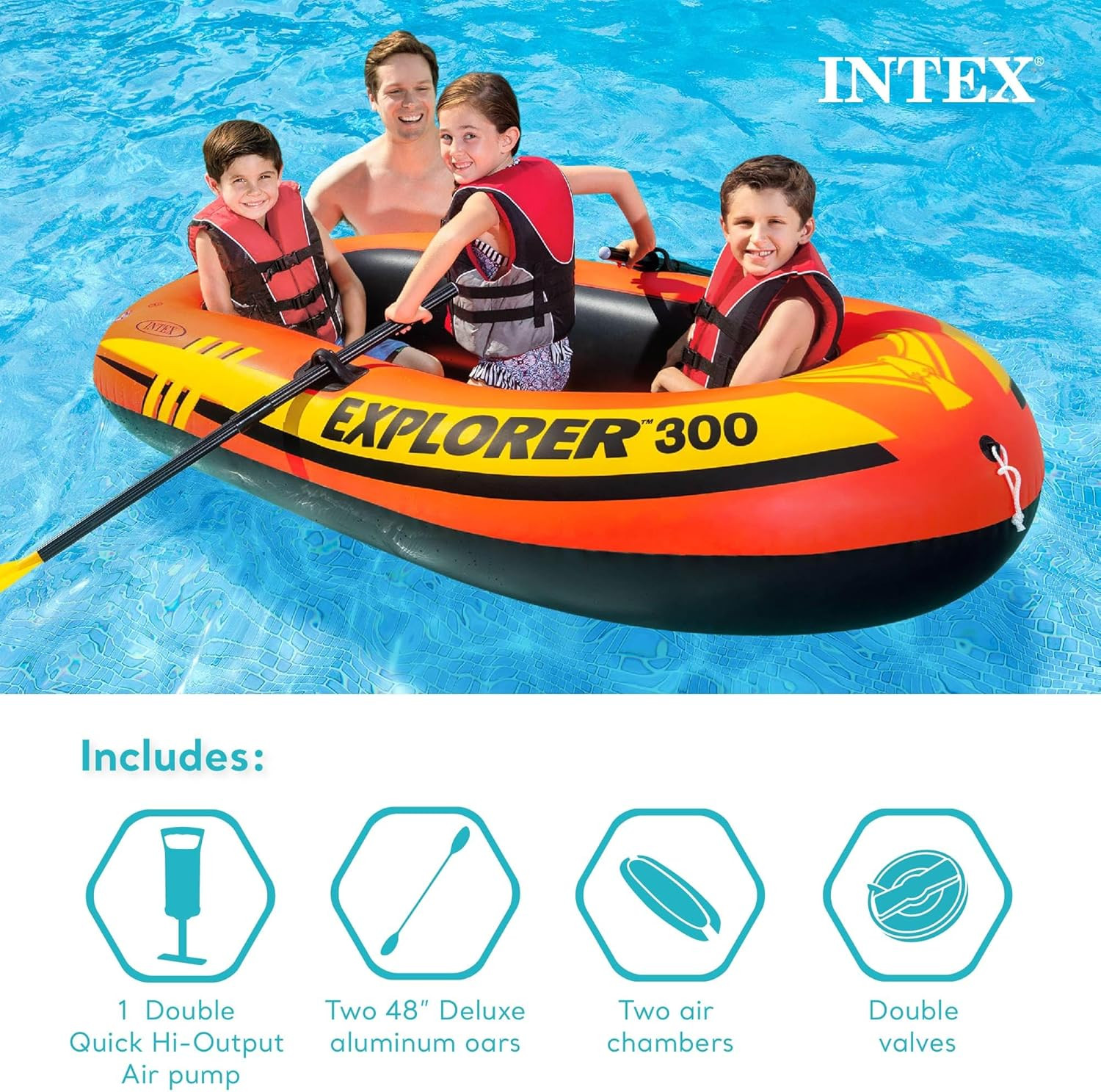 INTEX 58332EP Explorer 300 Inflatable Boat Set: Includes Deluxe Boat Oars and Mi