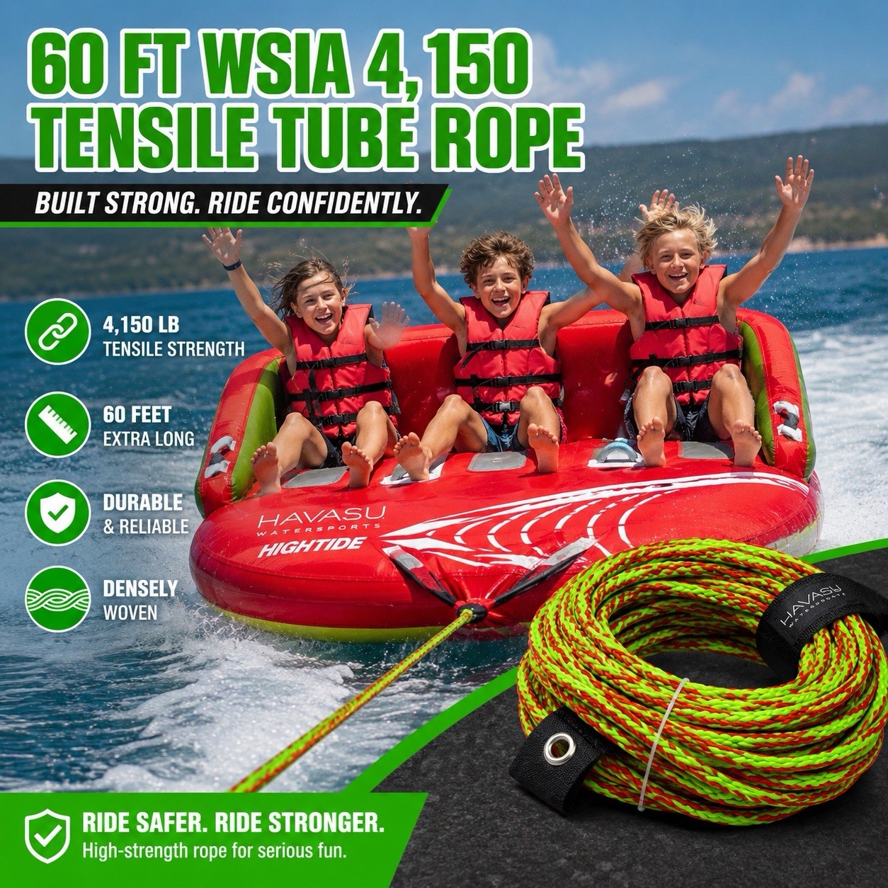 Havasu 60′ Tow Rope 3 Person Tube Rope 3350 lb Tensile Boat Jet Ski Tow Line