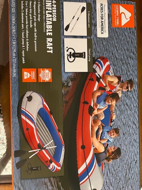 Ozark Trail 4-Person Inflatable Raft With 2 Oars And Pump New In The Box 704 Lbs