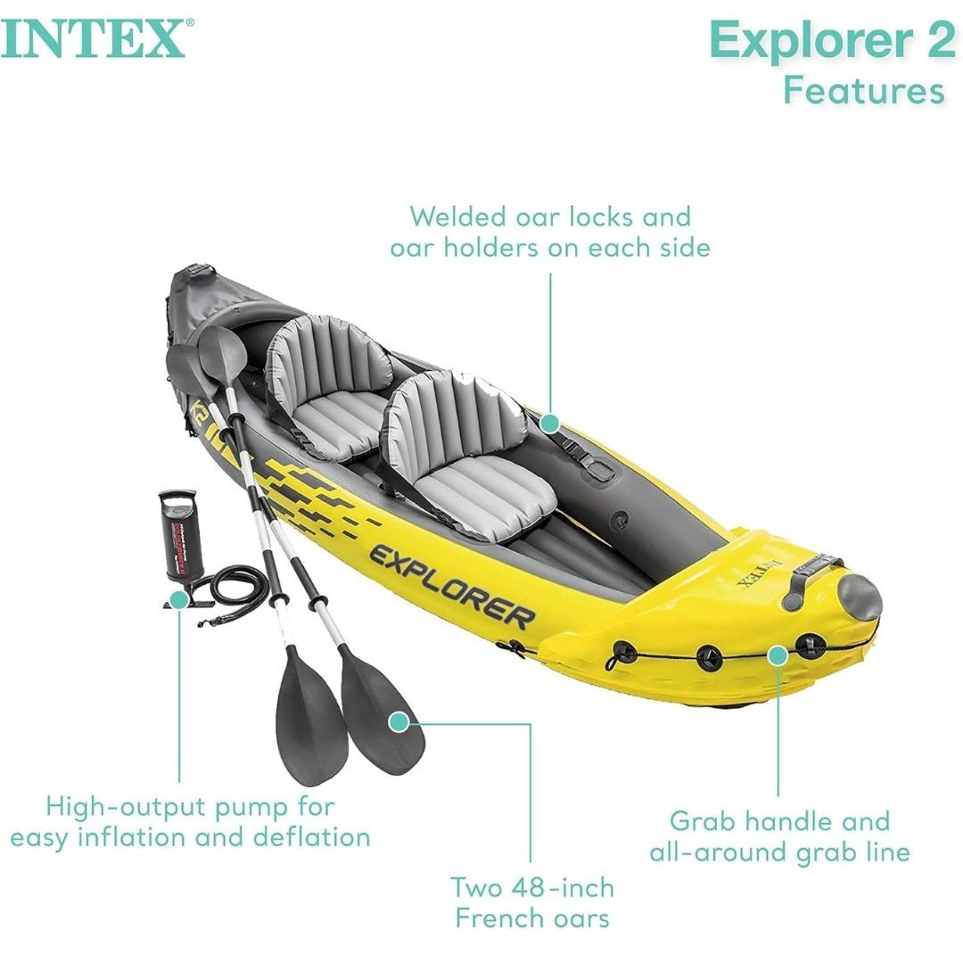 Intex Kayak Explorer 2-Person Inflatable K2 W/Aluminum Oars & Air Pump Kayak Set