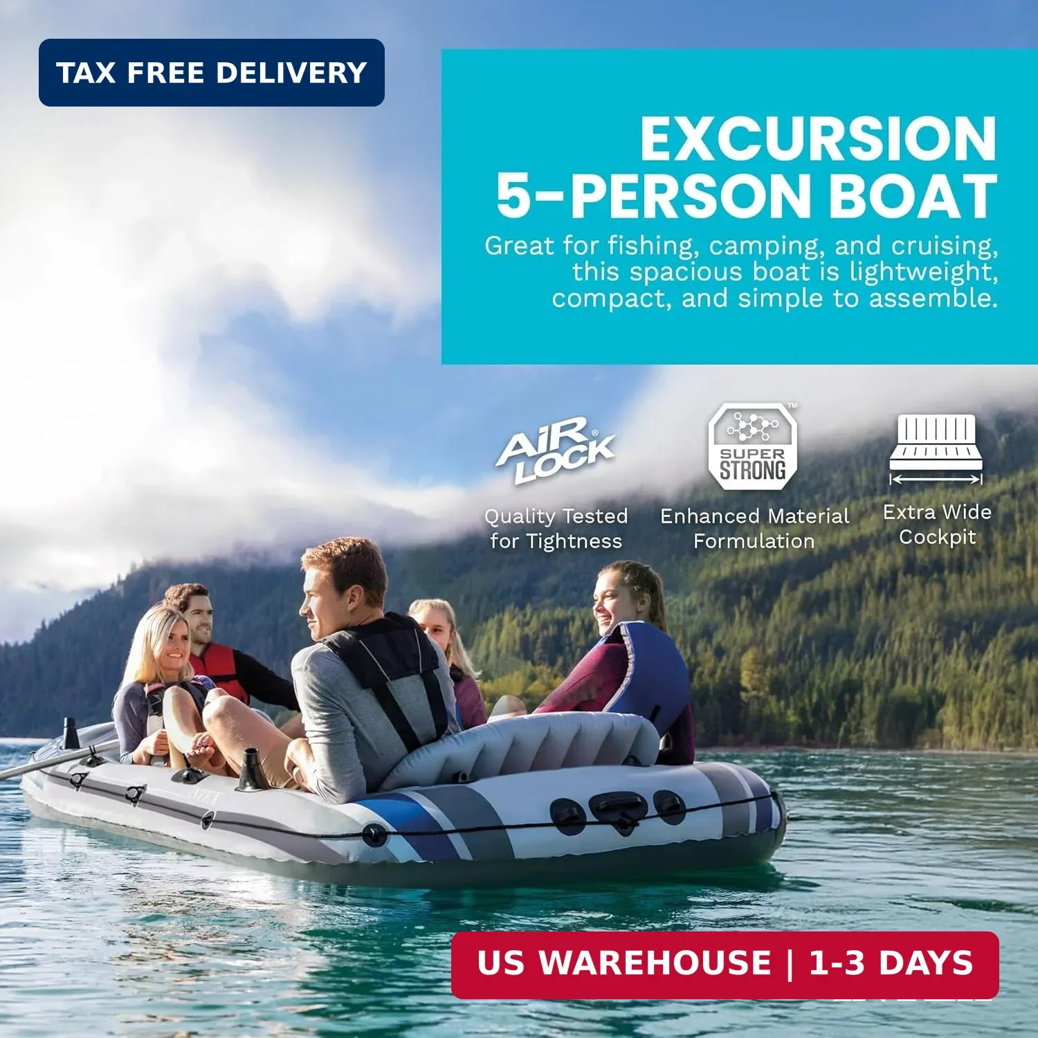 Excursion 5 Person Inflatable Boat, Water Fishing River Raft Set w/ Oars