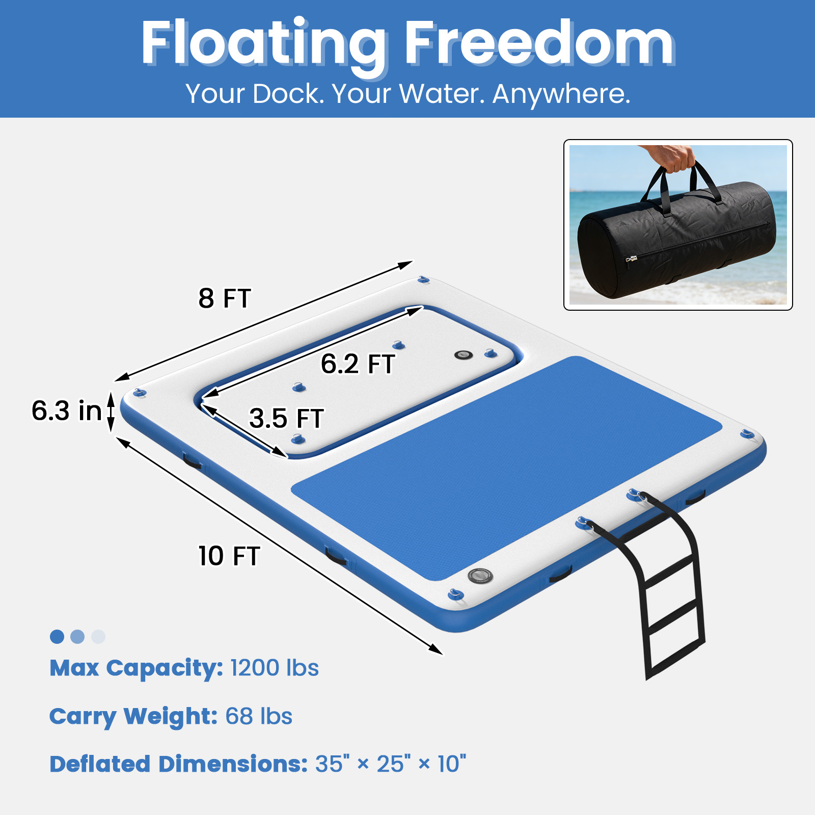 10’x8′ Inflatable Floating Dock, Anti-Slip EVA Mat, Quick Inflate, Lake Ocean