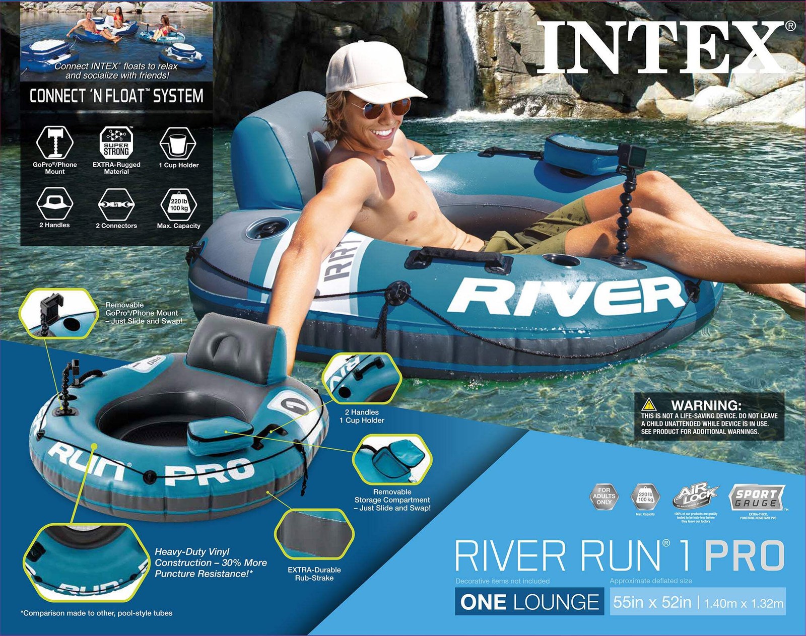 INTEX 56843EP River Run 1 Pro Inflatable Floating Lounge: GoPro/Phone Mount – Bu