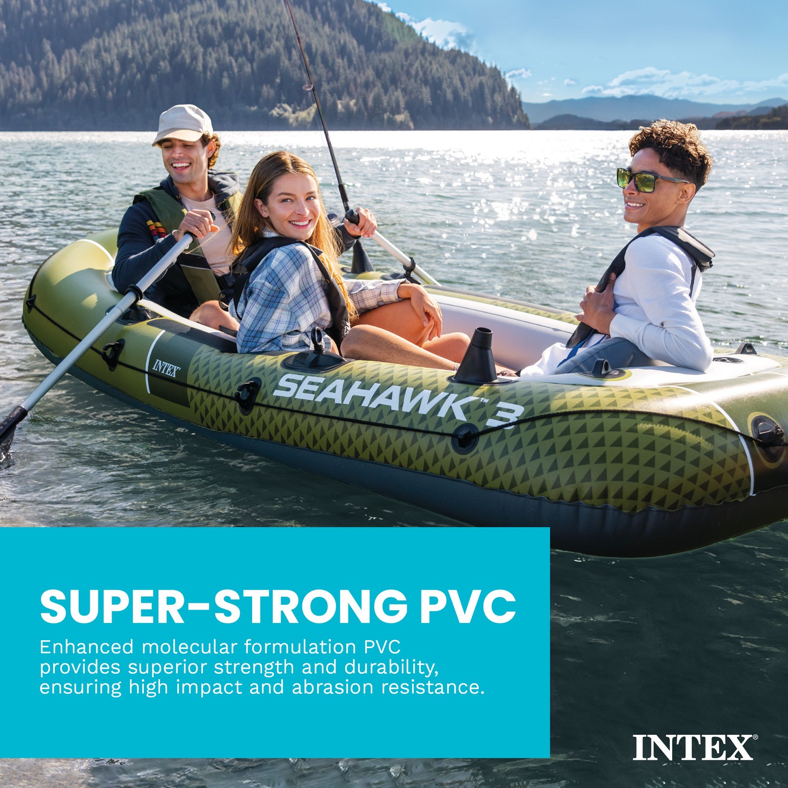 INTEX 66333EP Seahawk 3 Inflatable Boat Set with 54″ Oars, Pump, & Rod Holders