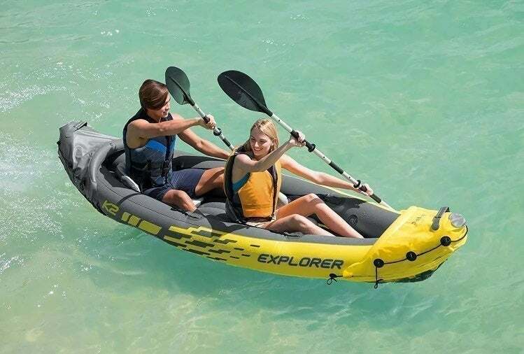 Intex Explorer K2 Inflatable 2-Person Yellow Kayak W/ Aluminum Oars & Air Pump