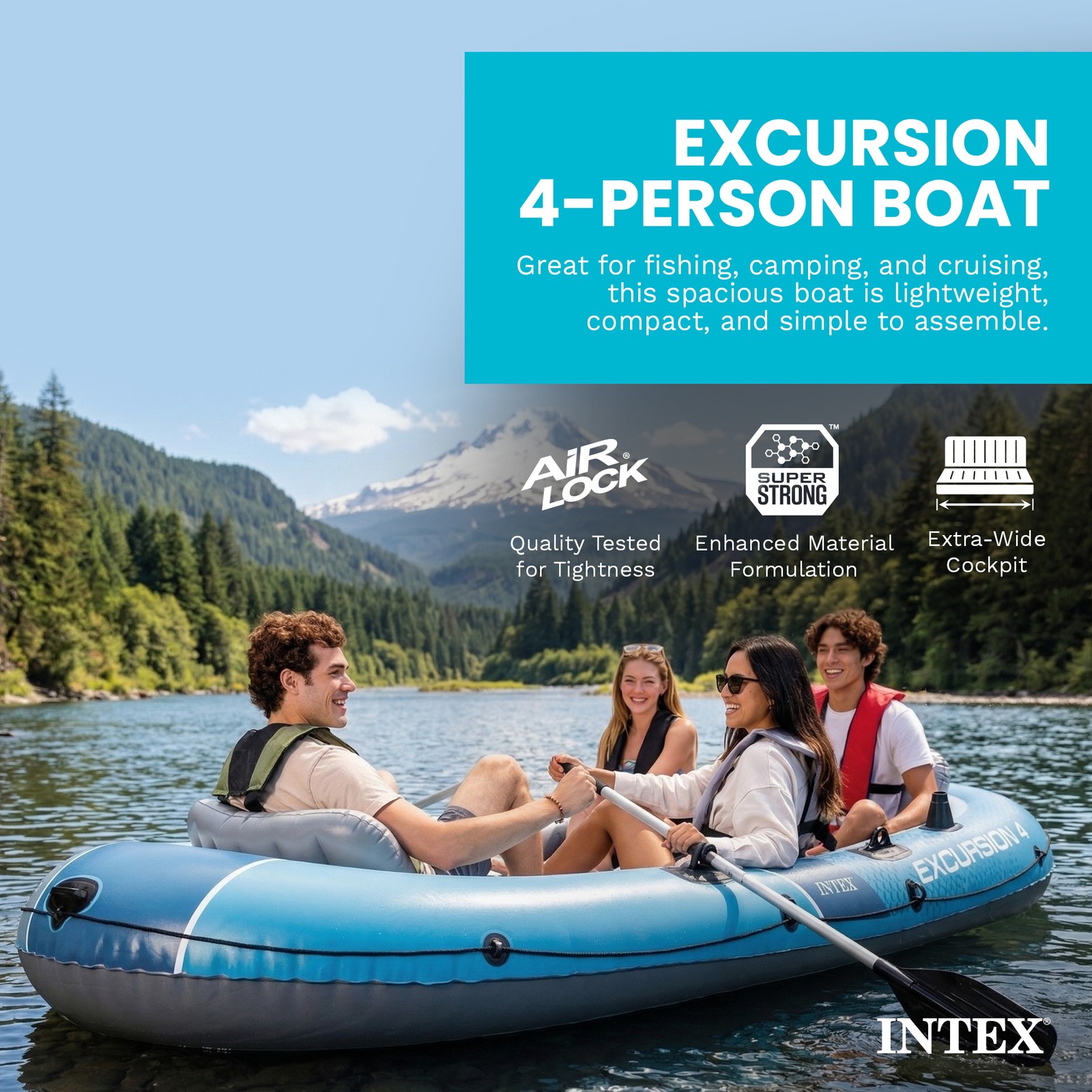 INTEX 66324EP Excursion 4 Inflatable Boat Set with 54″ Oars, Pump, & Rod Holders
