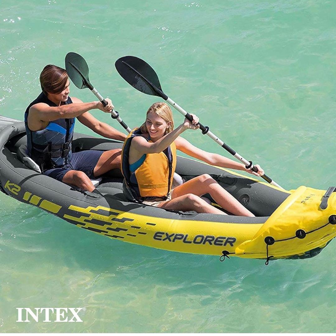 Intex Kayak Explorer 2-Person Inflatable K2 W/Aluminum Oars & Air Pump Kayak Set