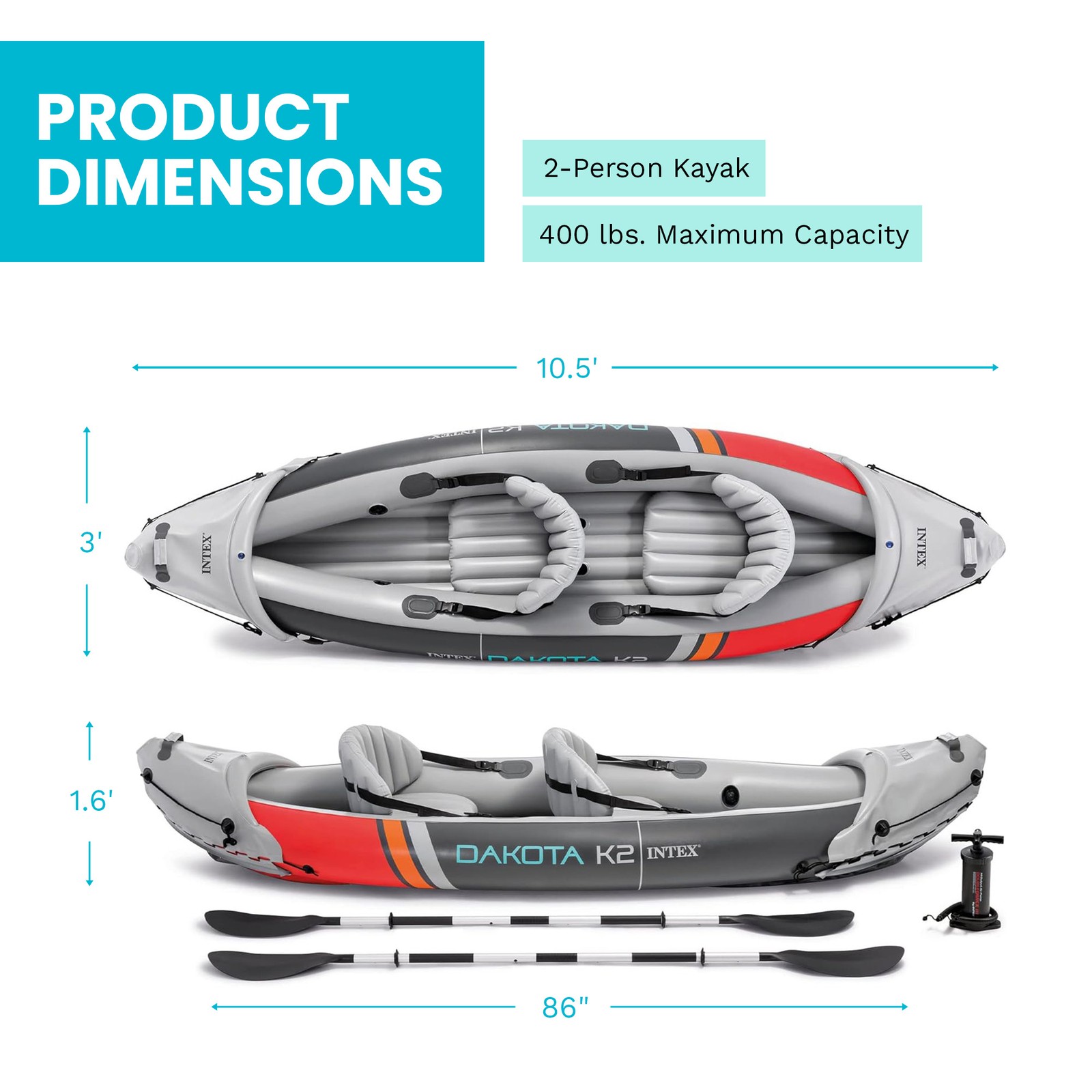 Intex Dakota K2 2 Person Vinyl Inflatable Kayak with Oars and Pump (Open Box)
