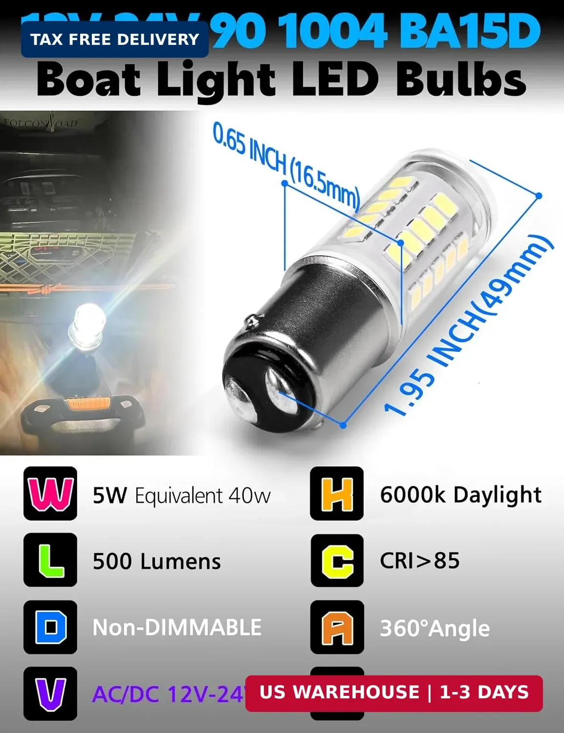 90 1004 BA15D Boat Bulbs Marine LED Bulb, 12V 24V White Navigation Lights | 40W