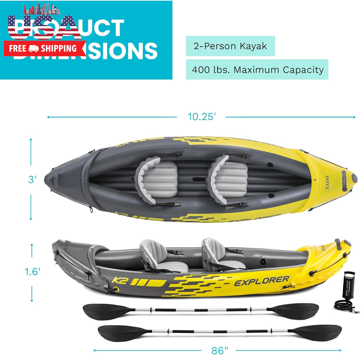 Intex 68307EP Explorer K2 Inflatable Kayak Set: Includes Deluxe 86In Aluminum Oa