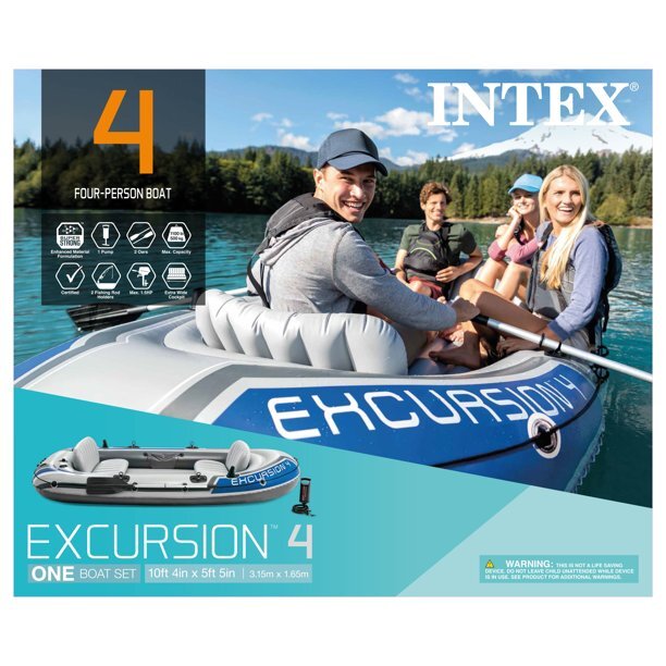 Intex Excursion 4 Inflatable Rafting Fishing 4 Person Boat Set – 68324EP