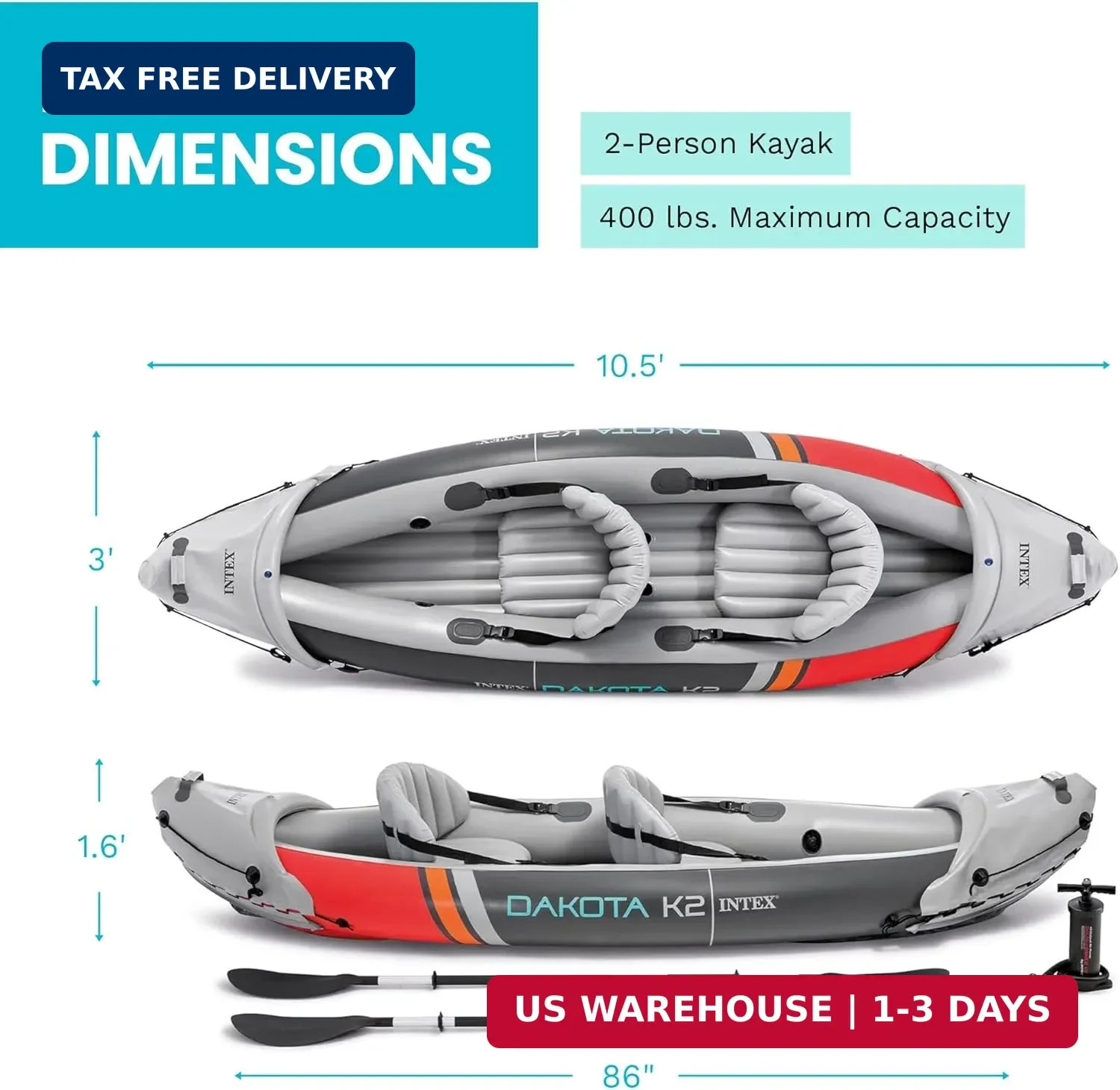 2-Person Inflatable Kayak Set, Dakota K2 with 86in Oars and Pump