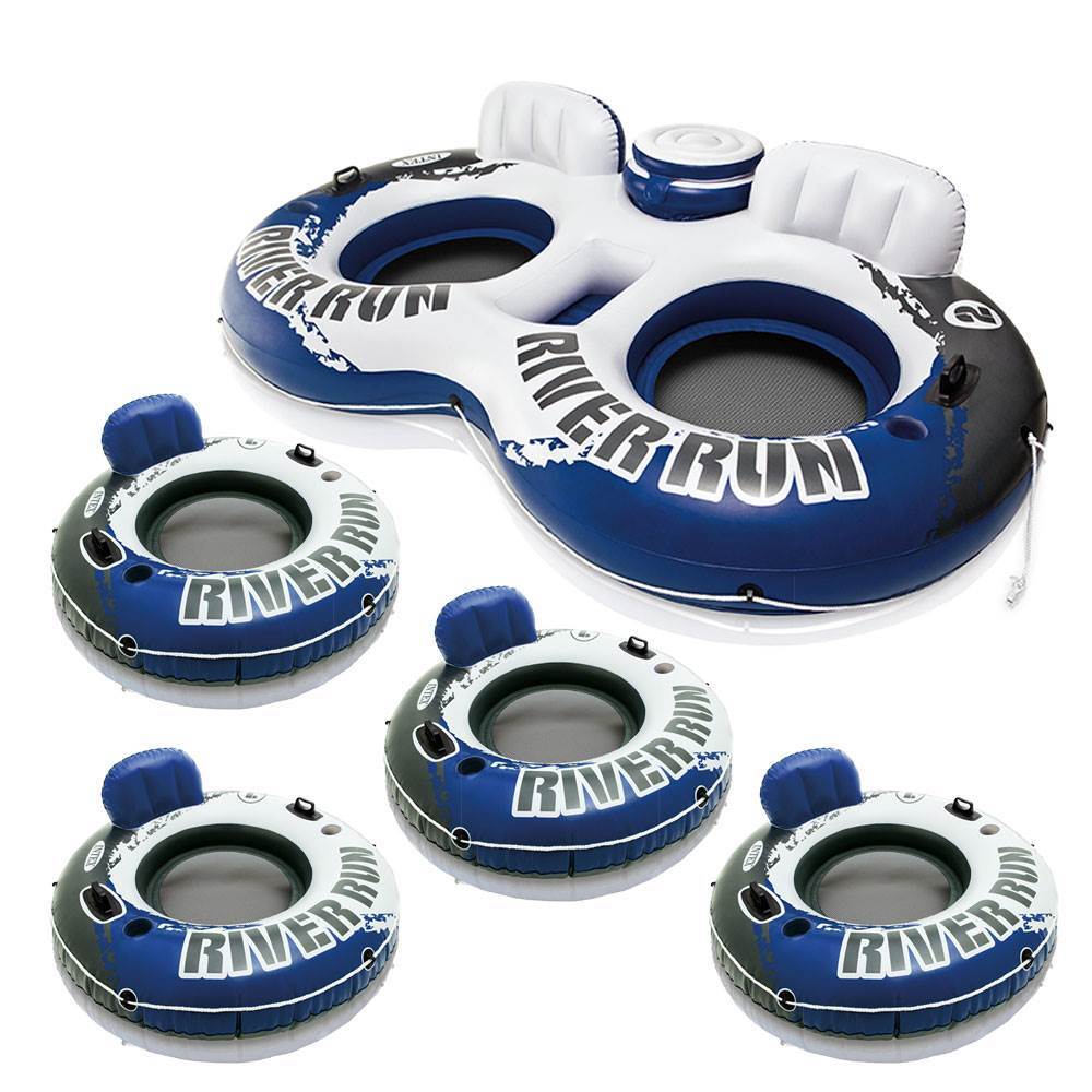 Intex River Run II Inflatable 2 Person Tube + 1 Person Inflatable Tube (4 Pack)