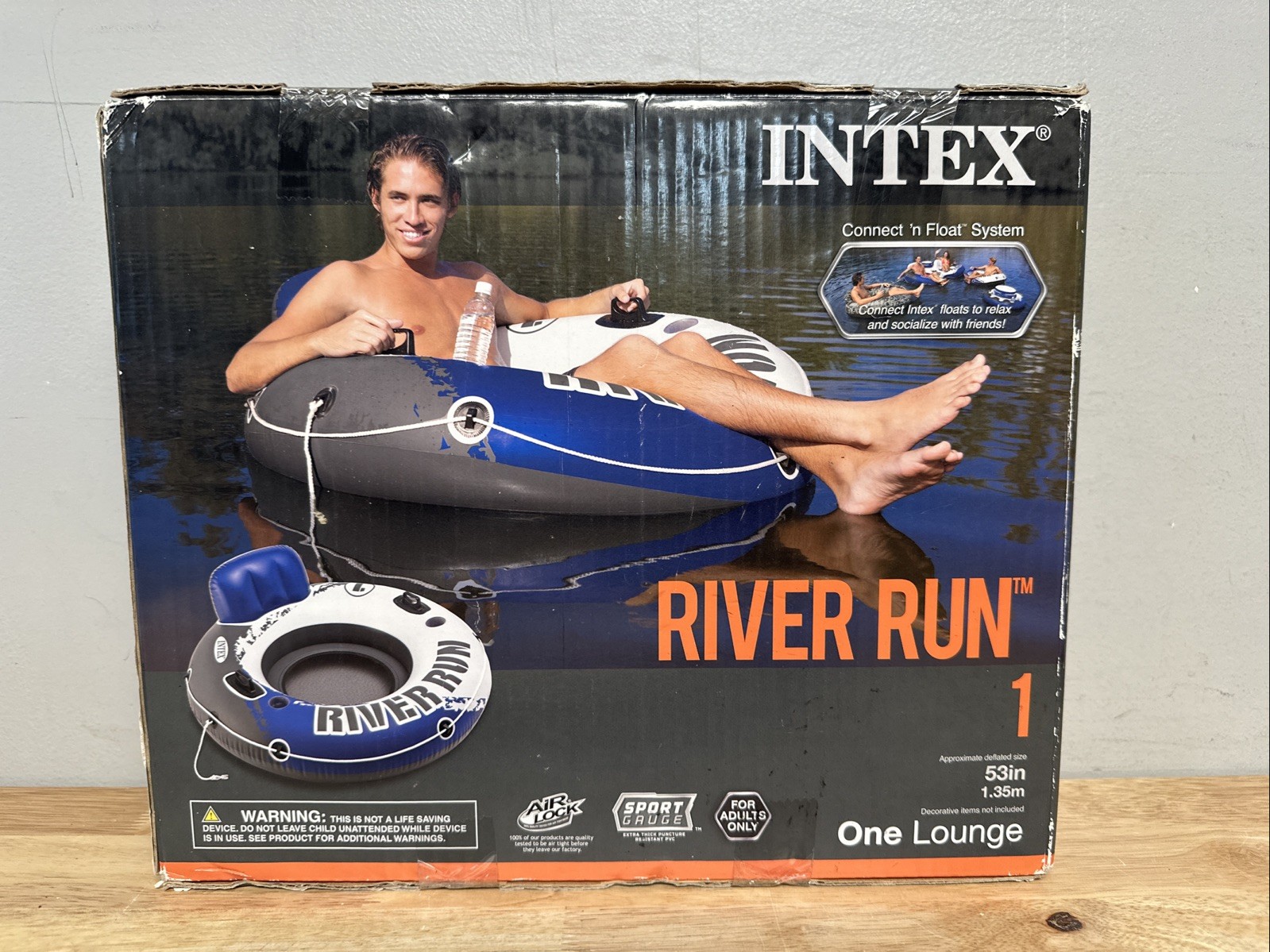 Intex River Run I Sport Lounge 53 inch Inflatable Water Float Blue/White – New