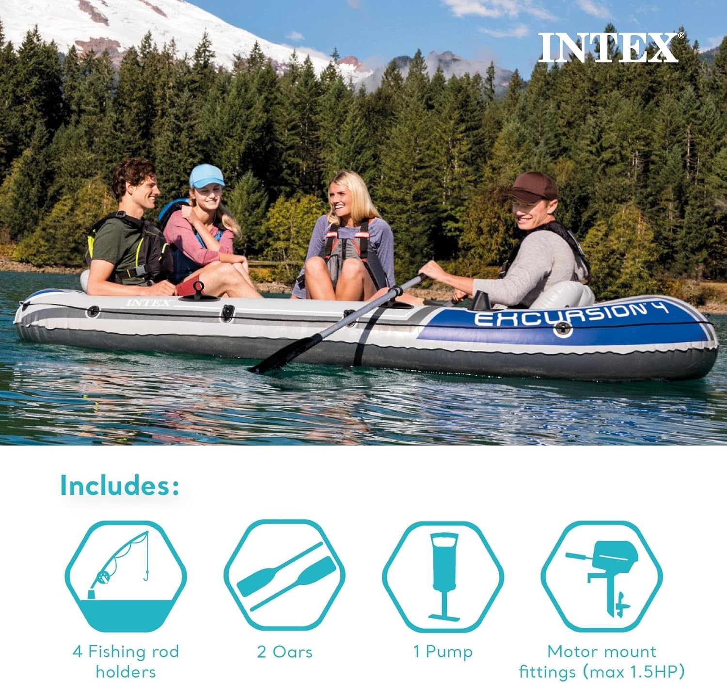 Excursion 5 Person Inflatable Boat, Water Fishing River Raft Set w/ Oars – Large