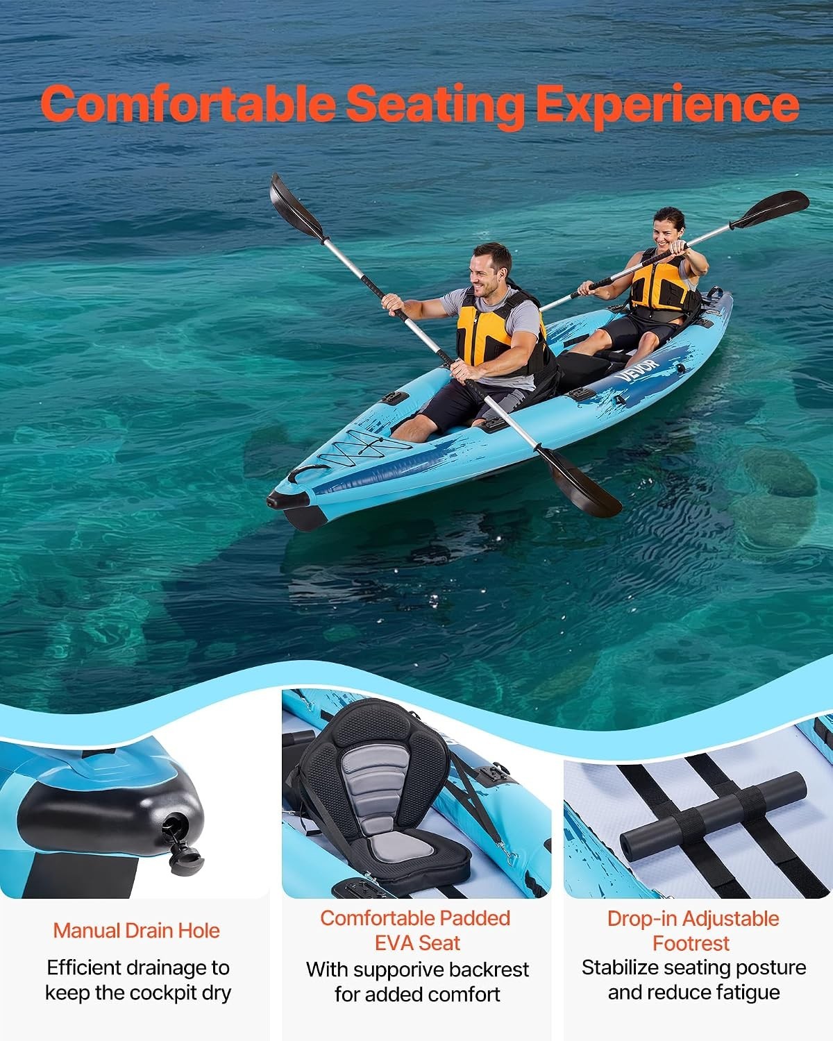 Recreational Inflatable Kayak 2 Person Lightweight with Adjustable Backrests