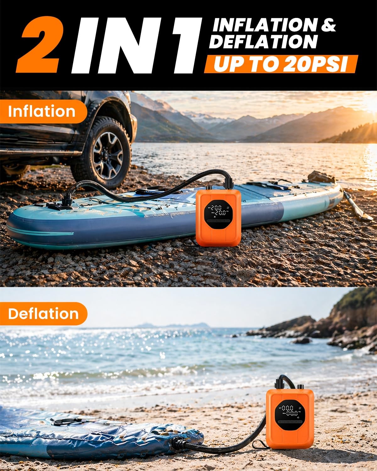 12V Car-Powered Paddle Board Pump, Electric SUP Pump with Compact, Orange