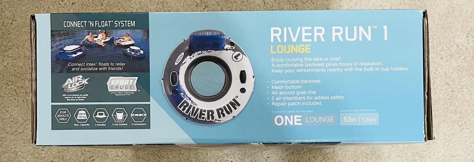 NEW Intex River Run 1 Person River Tube White Blue Mesh Bottom Two Cup Holders