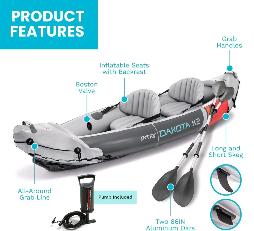 NEW in BOX Intex Dakota K2 2 Person Vinyl Inflatable Kayak with Oars, Pump, Bag