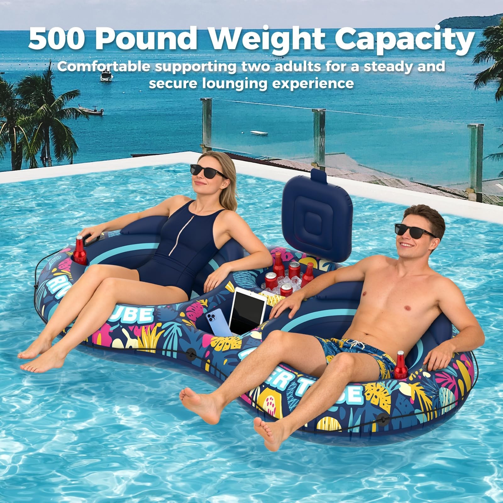 Inflatable 2-Person River Tube Float – Heavy Duty Raft with Cooler & Cup Holders