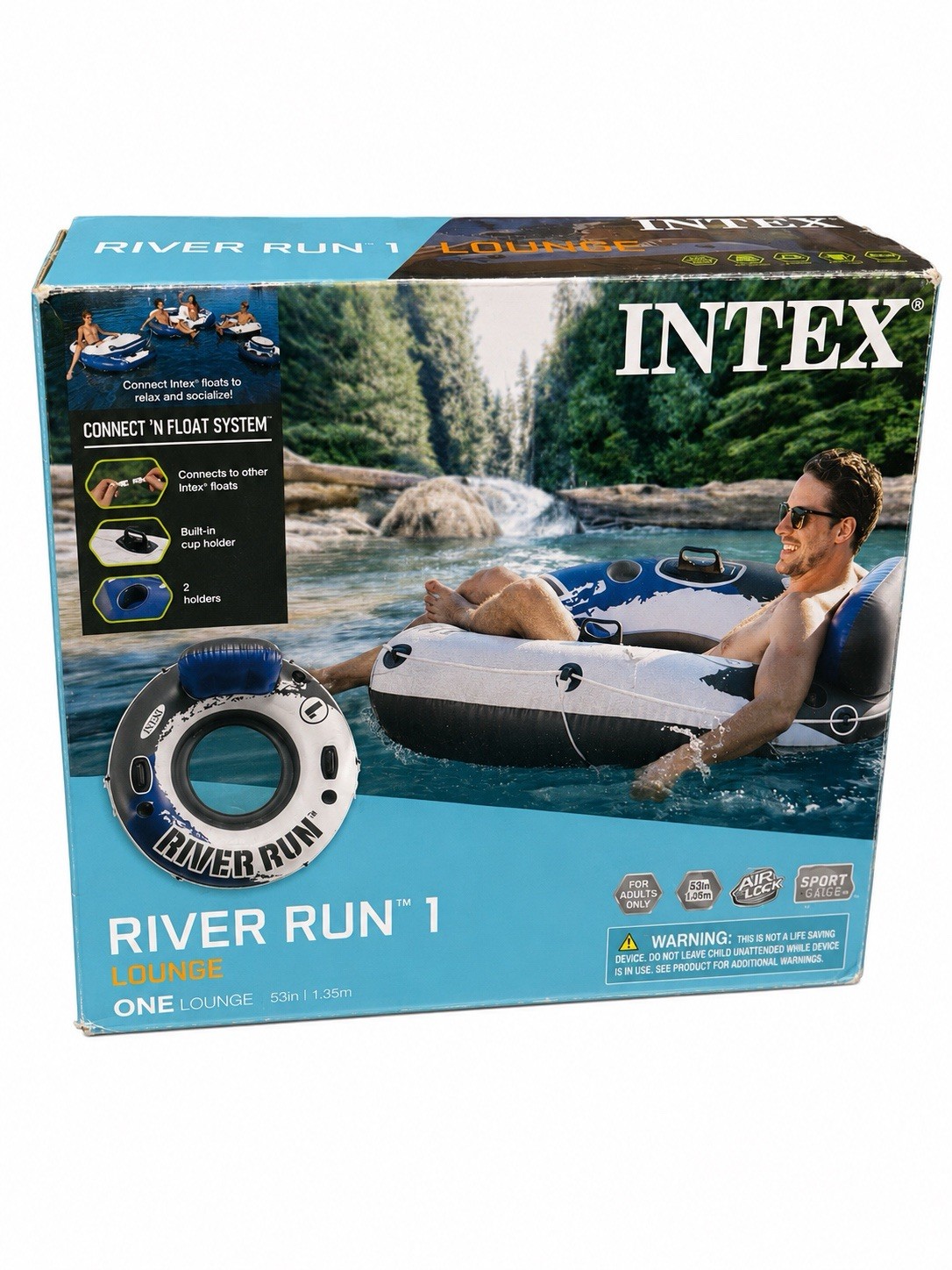 Intex River Run 1 Inflatable Tube Blue/White 53in w/Backrest & Cupholders