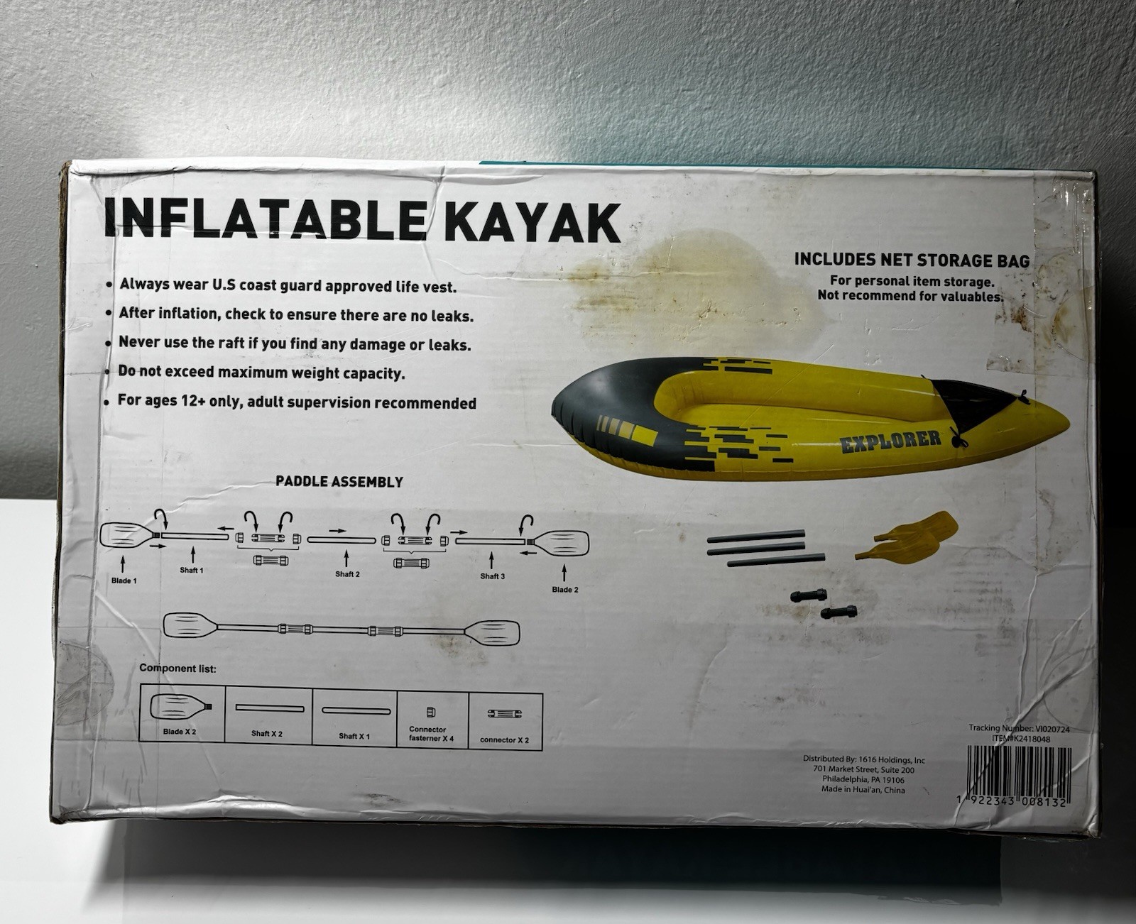 Explorer Inflatable Kayak 1-Person 340lb Capacity New Open Box w/ Paddle