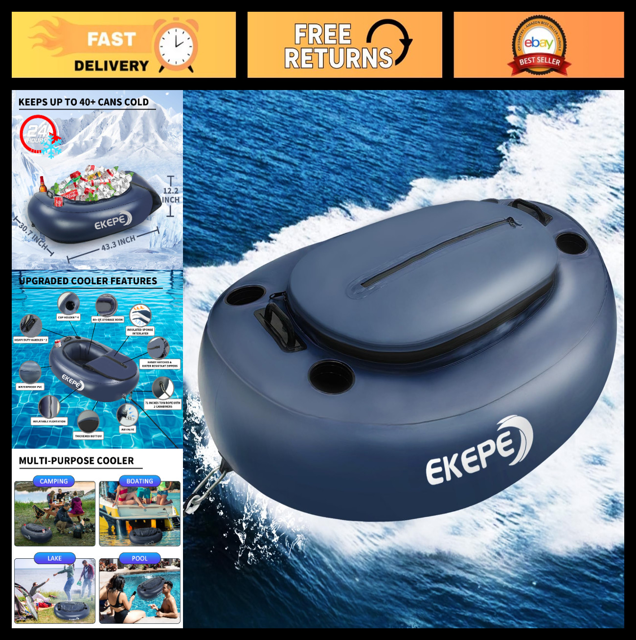 40 QT Inflatable Kayak Cooler Float with Tow Rope, Heavy Duty PVC, 4 Cup Holders