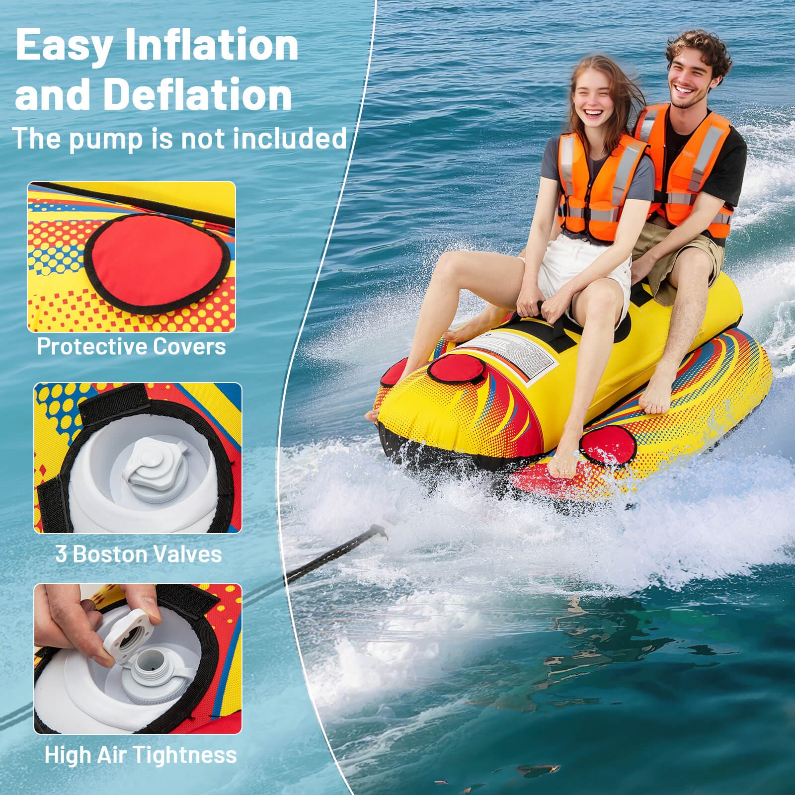 2-Person Inflatable Banana Boat w/ Boating & Water Sports 2 EVA-padded Seats