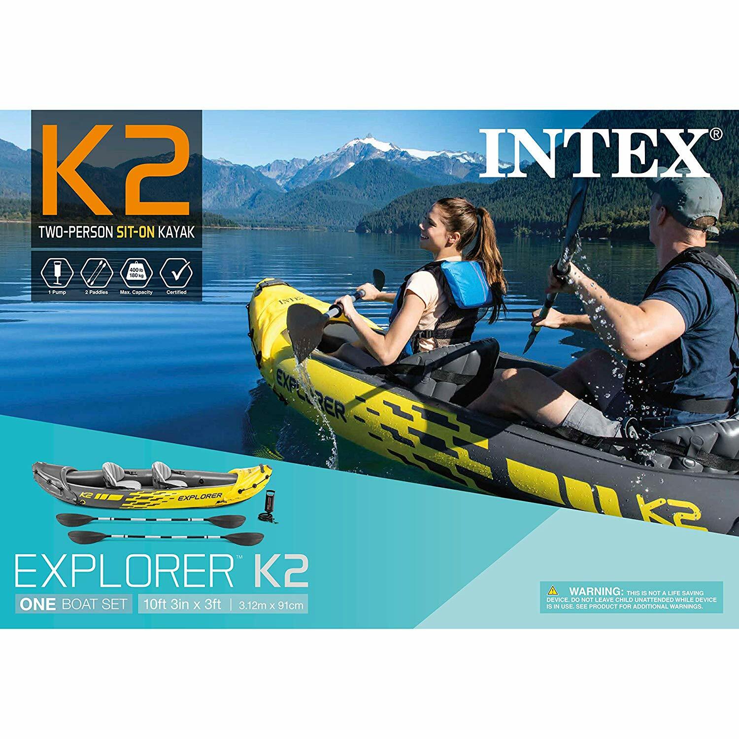 Intex Kayak Explorer 2-Person Inflatable K2 W/Aluminum Oars & Air Pump Kayak Set