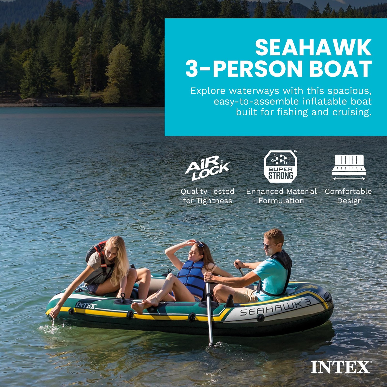 Inflatable Boat 3 Person Seahawk Fishing Set Oars Pump INTEX 68380EP
