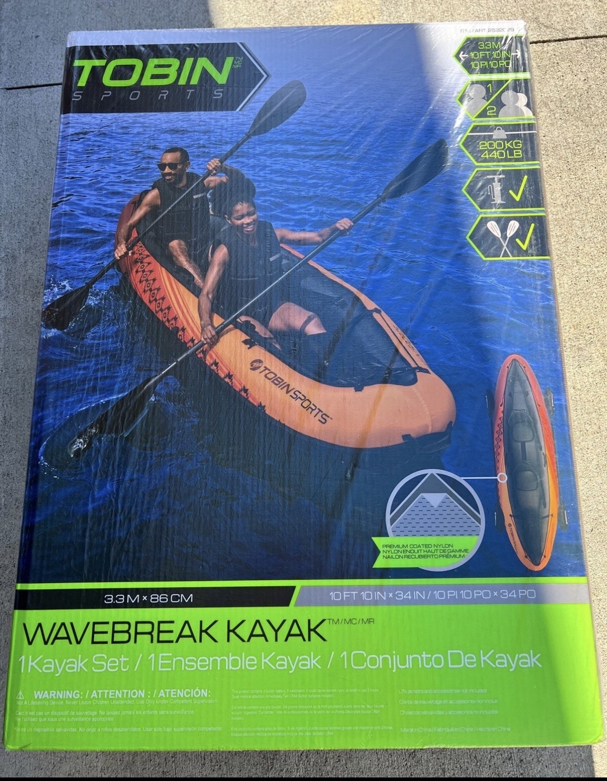 Tobin Sports Wavebreak Inflatable 2-Person Kayak Set w/ Paddles Pump Orange