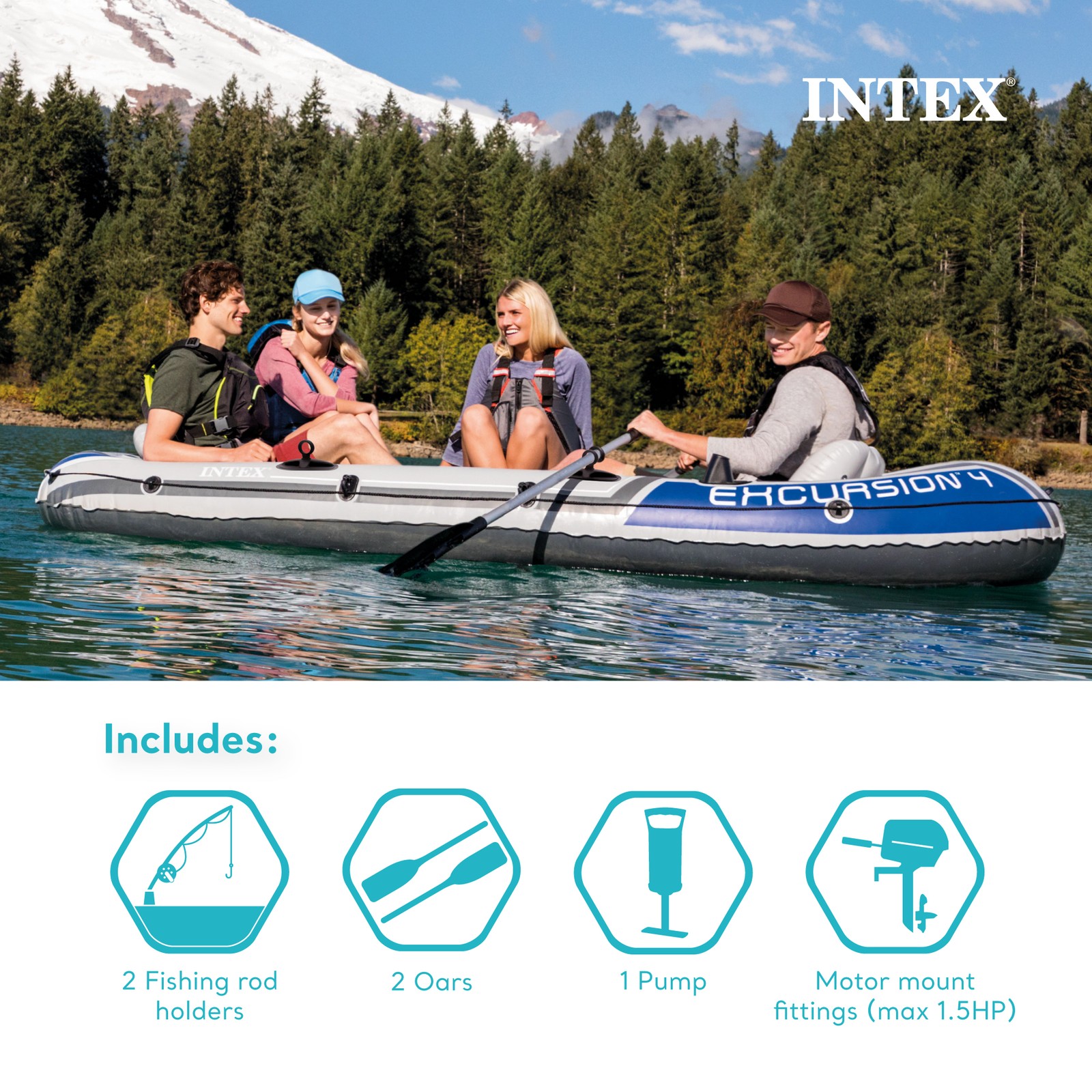 Intex Excursion 4 Inflatable River/Lake Boat Raft Set & Motor Mount Kit