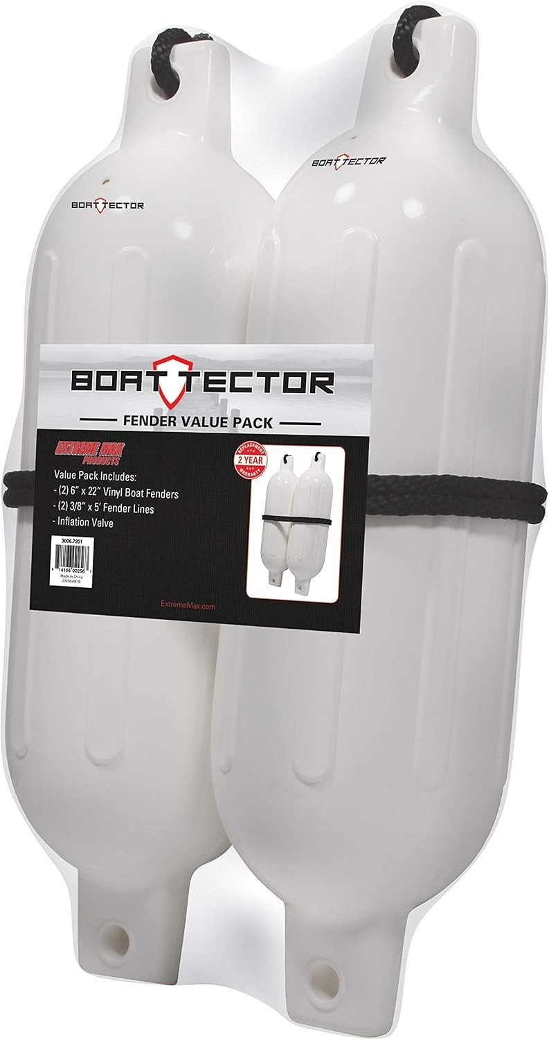 2 BoatTector Inflatable Fenders – White, 6.5″ x 22″