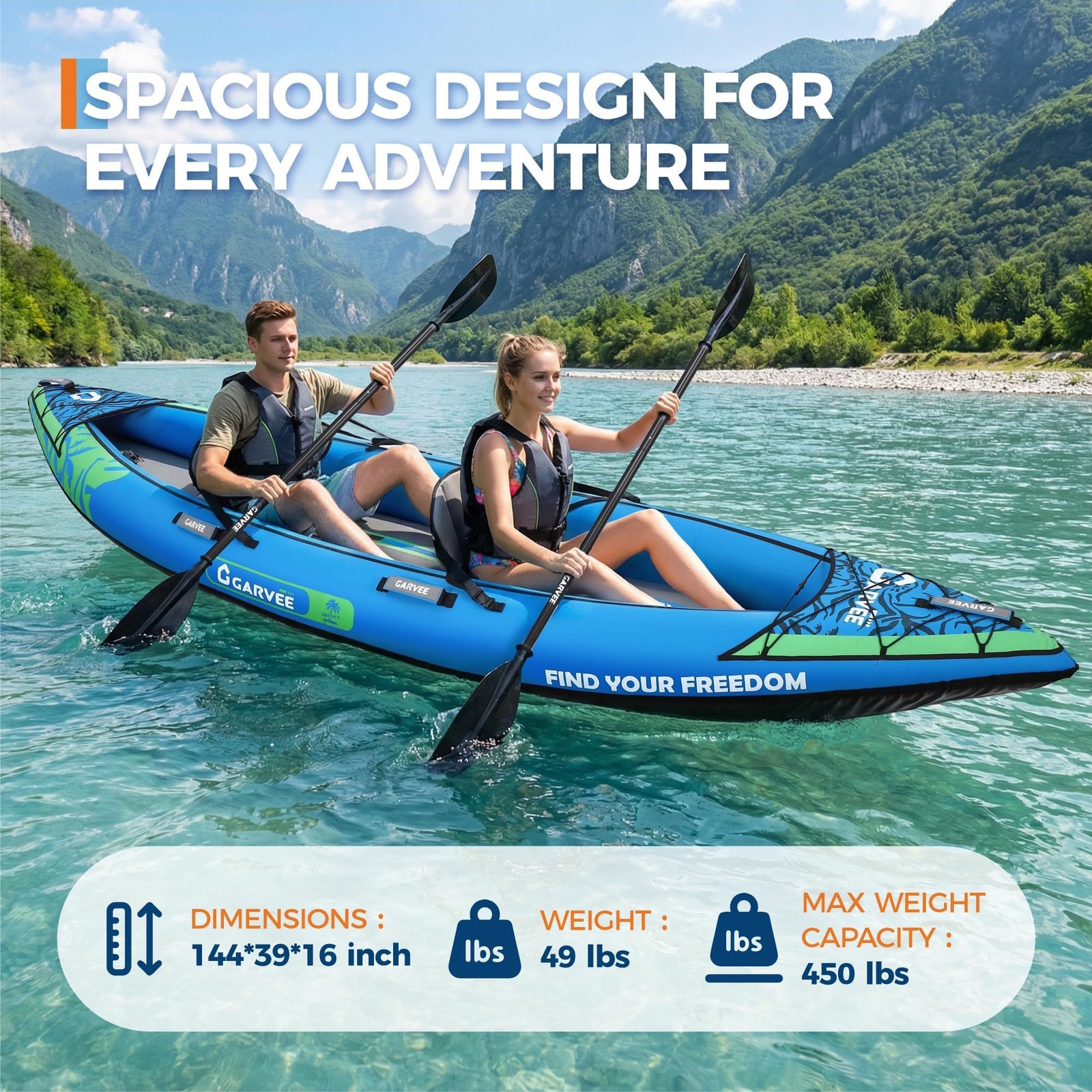Portable 2 Person Inflatable Kayak 12.5FT Fishing Kayak Adults Padded Seats