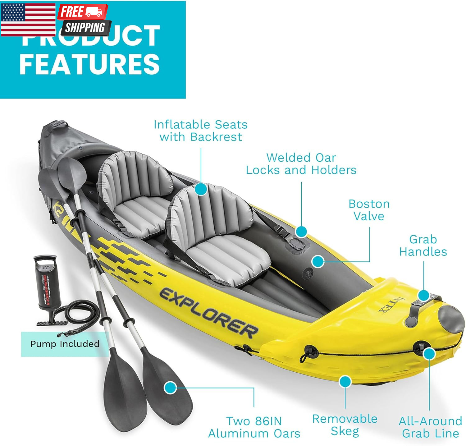 Intex 68307EP Explorer K2 Inflatable Kayak Set: Includes Deluxe 86In Aluminum Oa